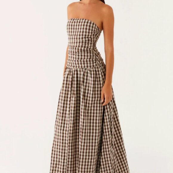Peppermayo Carmel Strapless Maxi Dress, Brown Gingham - Picture 4 of 5